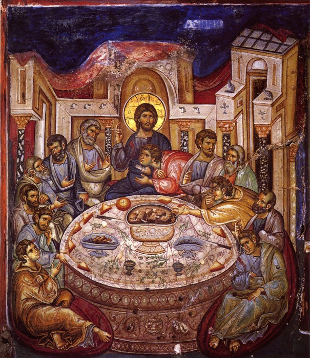 Великий Четверг. Тайная Вечеря. Нач. XIV в, фреска монастыря Ватопед, Афон